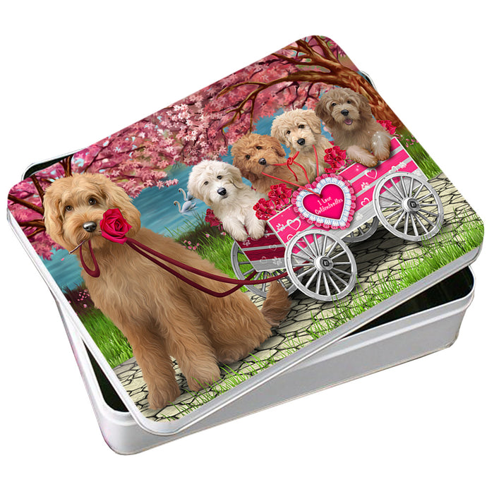 I Love Goldendoodles Dog Cat in a Cart Photo Storage Tin PITN51702