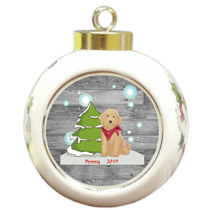 Custom Personalized Winter Scenic Tree and Presents Goldendoodle Dog Christmas Round Ball Ornament