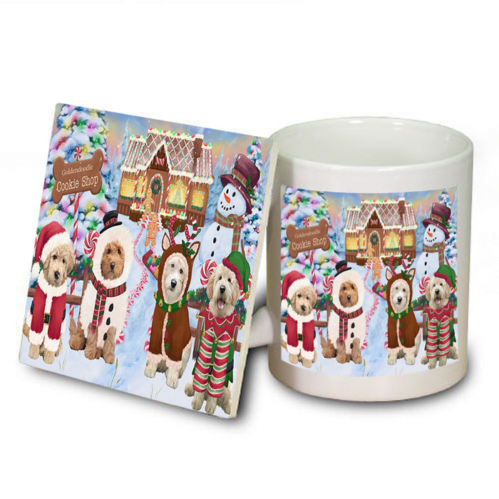 Holiday Gingerbread Cookie Shop Goldendoodles Dog Mug and Coaster Set MUC56394