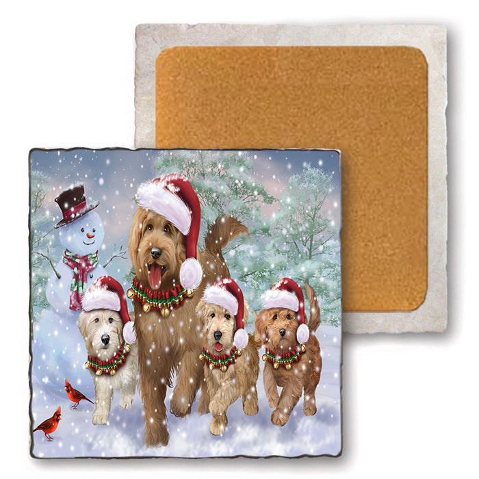 Christmas Running Family Dogs Goldendoodles Dog Set of 4 Natural Stone Marble Tile Coasters MCST49223