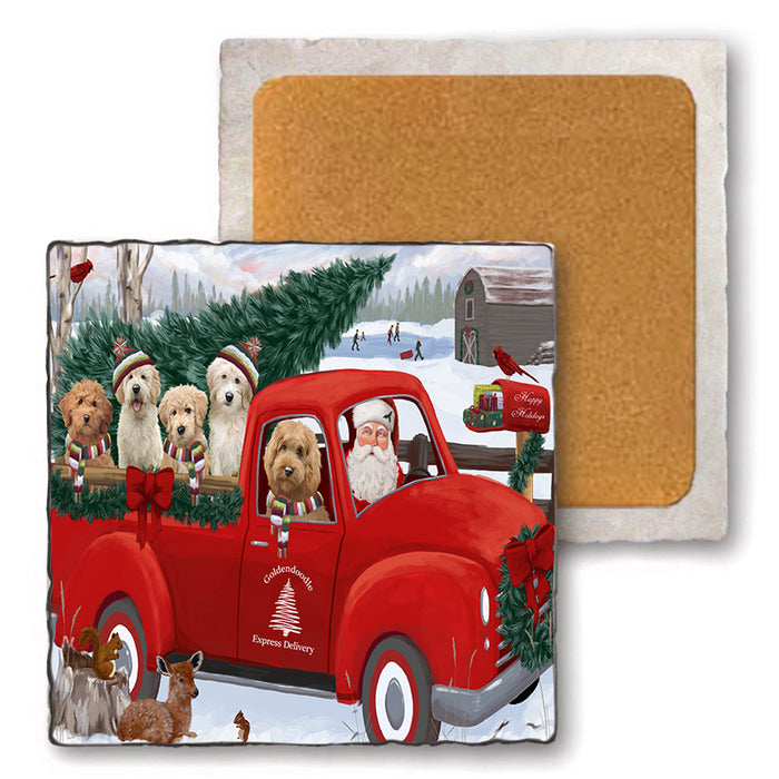 Christmas Santa Express Delivery Goldendoodles Dog Family Set of 4 Natural Stone Marble Tile Coasters MCST50038