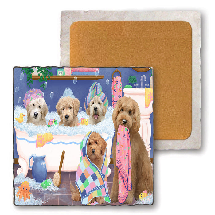 Rub A Dub Dogs In A Tub Goldendoodles Dog Set of 4 Natural Stone Marble Tile Coasters MCST51791