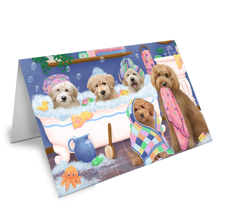 Rub A Dub Dogs In A Tub Goldendoodles Dog Handmade Artwork Assorted Pets Greeting Cards and Note Cards with Envelopes for All Occasions and Holiday Seasons GCD74888