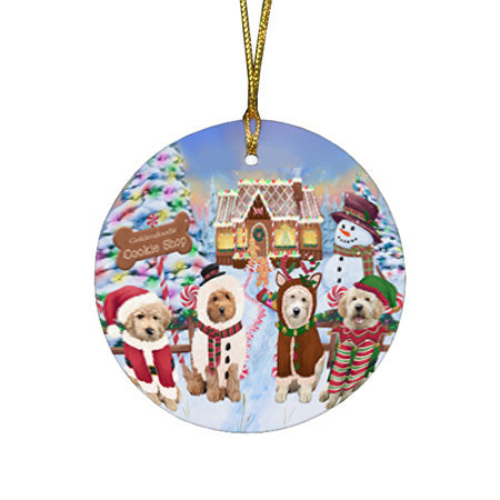 Holiday Gingerbread Cookie Shop Goldendoodles Dog Round Flat Christmas Ornament RFPOR56758