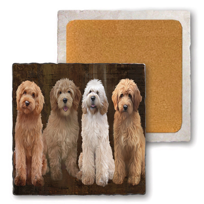 Rustic 4 Goldendoodles Dog Set of 4 Natural Stone Marble Tile Coasters MCST49360