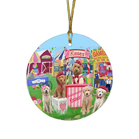 Carnival Kissing Booth Goldendoodles Dog Round Flat Christmas Ornament RFPOR56192