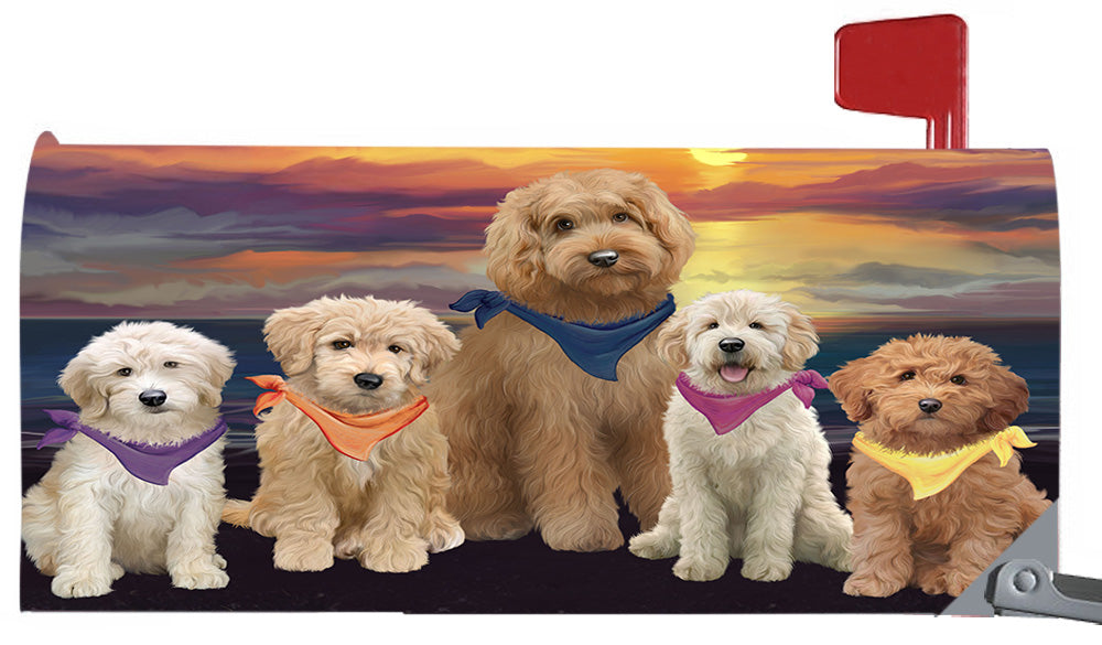 Family Sunset Portrait Goldendoodle Dogs Magnetic Mailbox Cover MBC48475