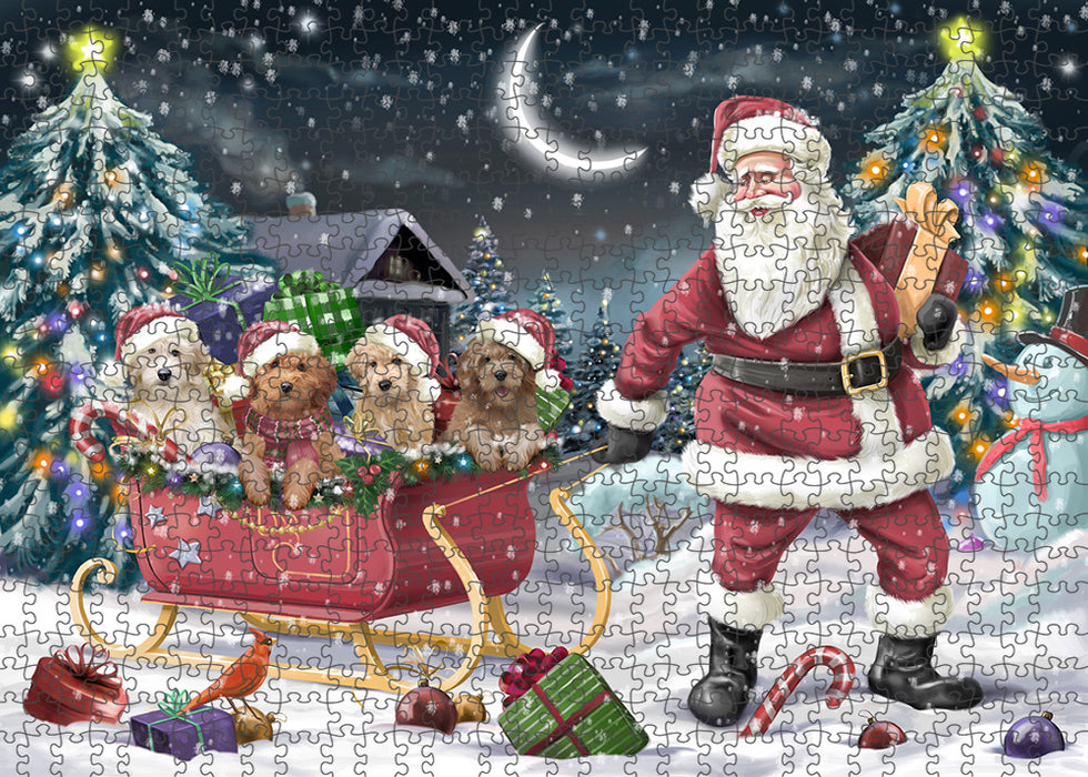 Santa Sled Dogs Christmas Happy Holidays Goldendoodles Dog Puzzle with Photo Tin PUZL59244