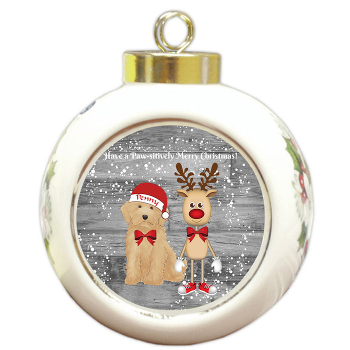Custom Personalized Goldendoodle Dog Reindeer and Pooch Christmas Round Ball Ornament