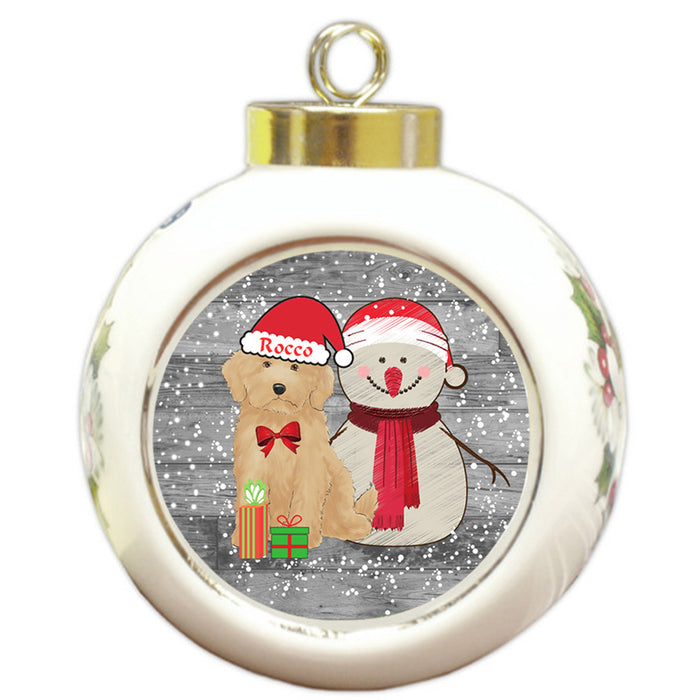 Custom Personalized Snowy Snowman and Goldendoodle Dog Christmas Round Ball Ornament