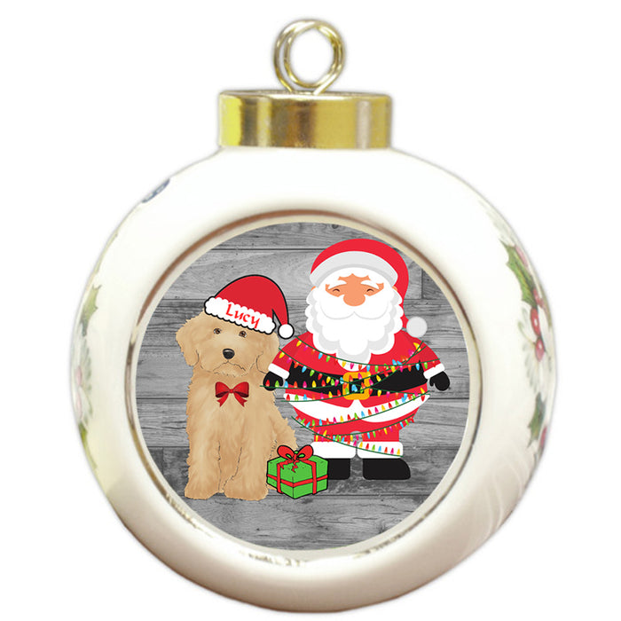 Custom Personalized Goldendoodle Dog With Santa Wrapped in Light Christmas Round Ball Ornament