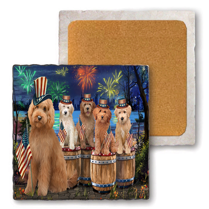 4th of July Independence Day Firework Goldendoodles Dog Set of 4 Natural Stone Marble Tile Coasters MCST49110