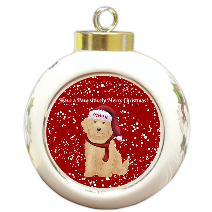 Custom Personalized Pawsitively Goldendoodle Dog Merry Christmas Round Ball Ornament