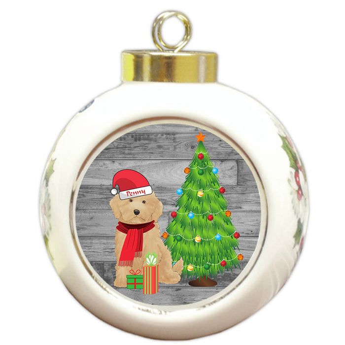 Custom Personalized Goldendoodle Dog With Tree and Presents Christmas Round Ball Ornament