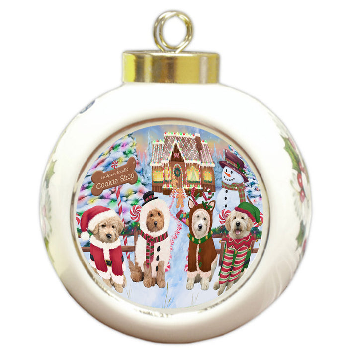 Holiday Gingerbread Cookie Shop Goldendoodles Dog Round Ball Christmas Ornament RBPOR56758