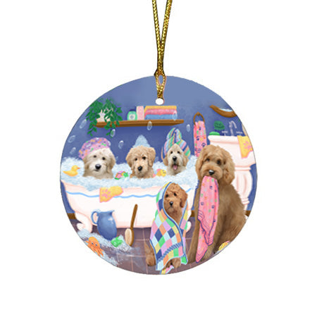 Rub A Dub Dogs In A Tub Goldendoodles Dog Round Flat Christmas Ornament RFPOR57147