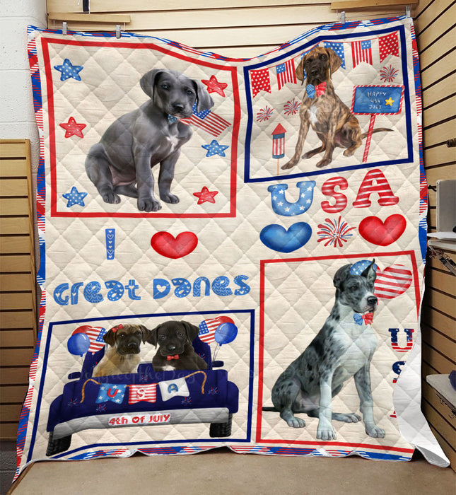 4th of July Independence Day I Love USA Great Dane Dogs Quilt Bed Coverlet Bedspread - Pets Comforter Unique One-side Animal Printing - Soft Lightweight Durable Washable Polyester Quilt