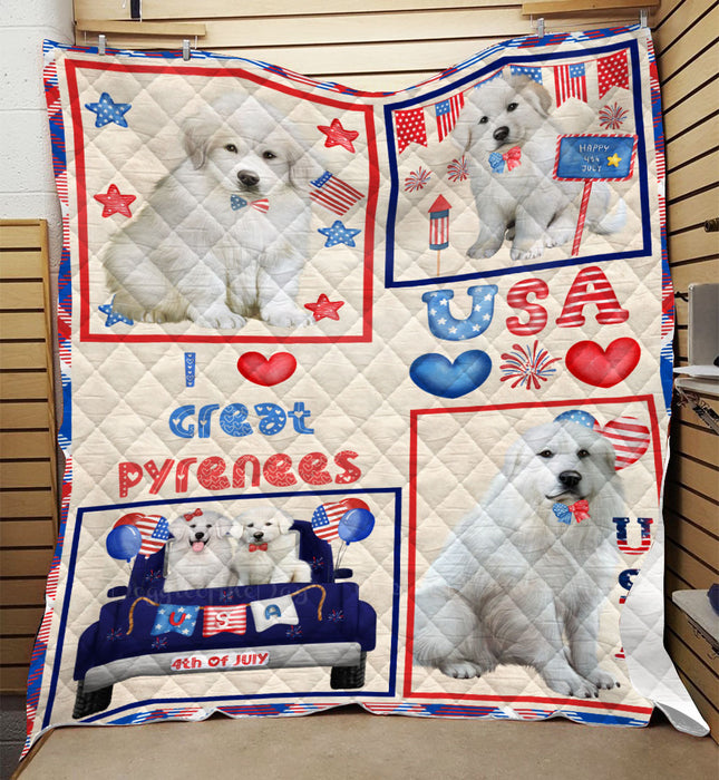 4th of July Independence Day I Love USA Great Pyrenees Dogs Quilt Bed Coverlet Bedspread - Pets Comforter Unique One-side Animal Printing - Soft Lightweight Durable Washable Polyester Quilt