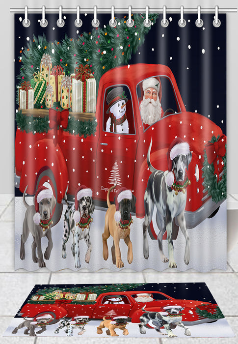 Christmas Express Delivery Red Truck Running Great Dane Dogs Bath Mat and Shower Curtain Combo