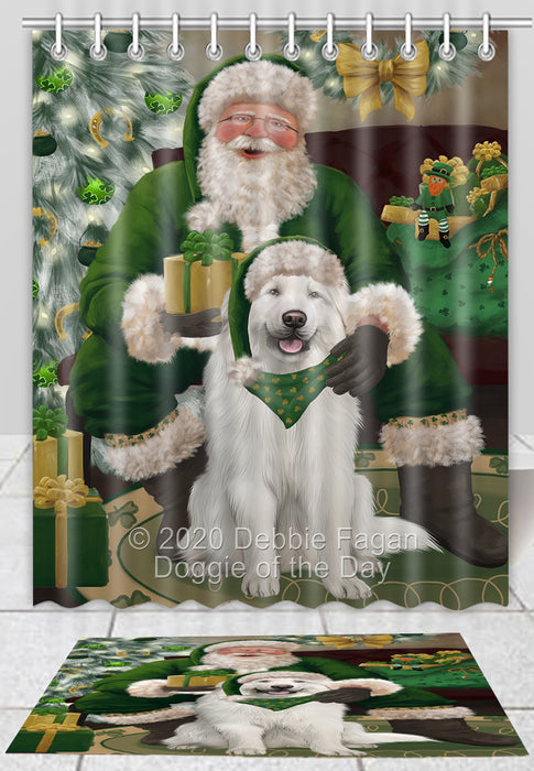 Christmas Irish Santa with Gift Great Pyrenees Dog Bath Mat and Shower Curtain Combo