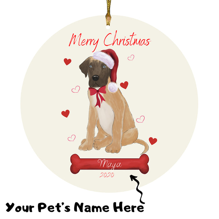 Personalized Merry Christmas  Great Dane Dog Christmas Tree Round Flat Ornament RBPOR58961