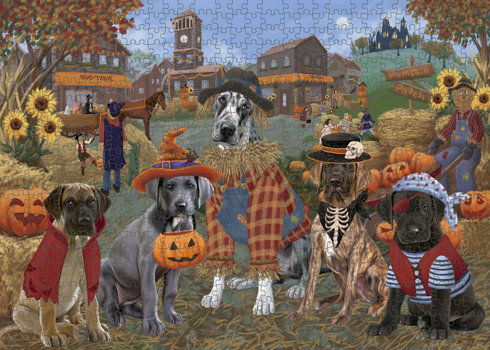 Halloween 'Round Town And Fall Pumpkin Scarecrow Both Great Dane Dogs Puzzle with Photo Tin PUZL96308