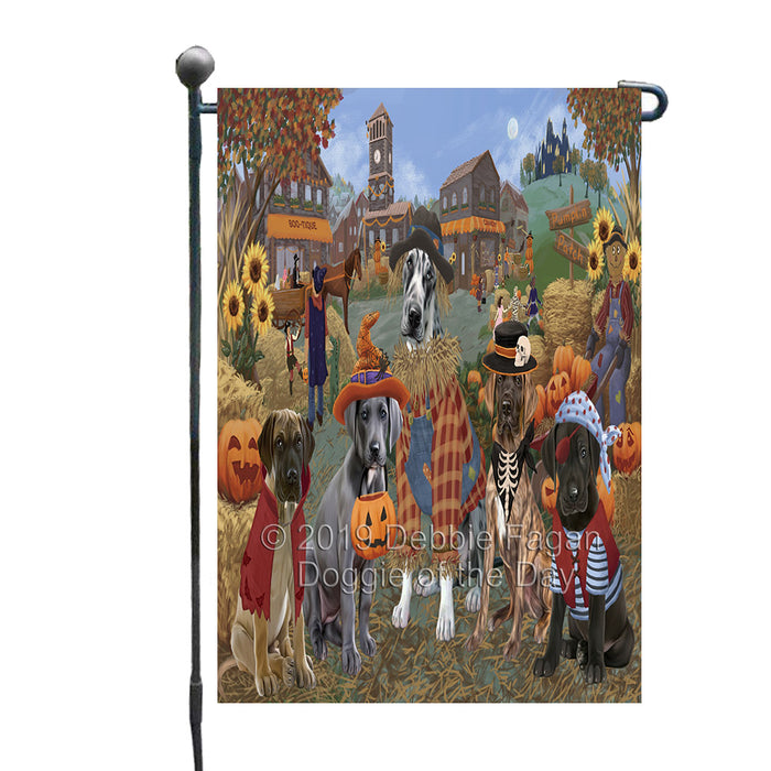 Halloween 'Round Town And Fall Pumpkin Scarecrow Both Great Dane Dogs Garden Flag GFLG65600