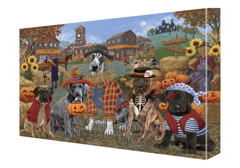 Halloween 'Round Town And Fall Pumpkin Scarecrow Both Great Dane Dogs Canvas Print Wall Art Décor CVS139589