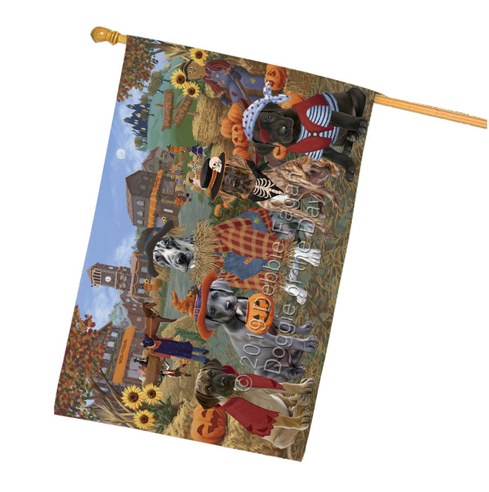 Halloween 'Round Town And Fall Pumpkin Scarecrow Both Great Dane Dogs House Flag FLG65656