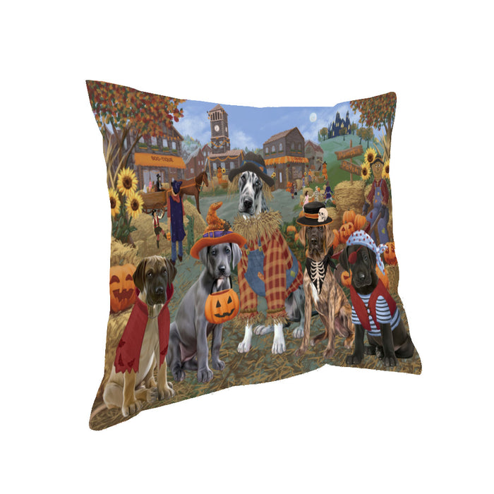Halloween 'Round Town And Fall Pumpkin Scarecrow Both Great Dane Dogs Pillow PIL82400