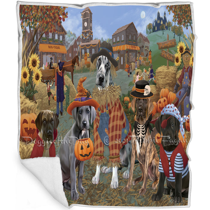 Halloween 'Round Town And Fall Pumpkin Scarecrow Both Great Dane Dogs Blanket BLNKT138962