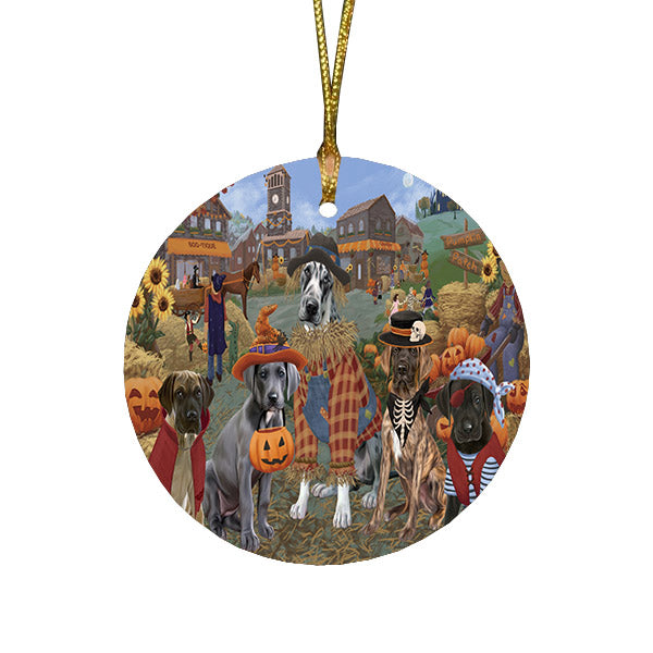 Halloween 'Round Town And Fall Pumpkin Scarecrow Both Great Dane Dogs Round Flat Christmas Ornament RFPOR57404