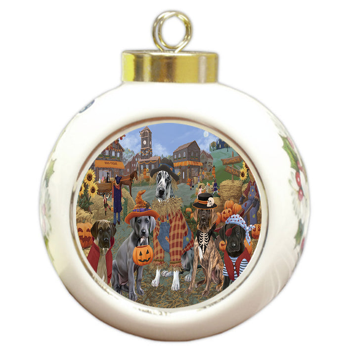 Halloween 'Round Town And Fall Pumpkin Scarecrow Both Great Dane Dogs Round Ball Christmas Ornament RBPOR57404