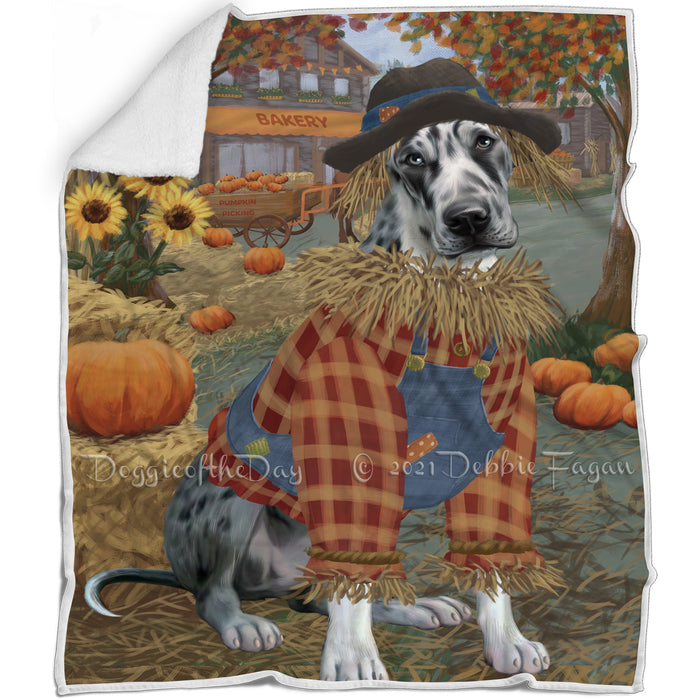Halloween 'Round Town And Fall Pumpkin Scarecrow Both Great Dane Dogs Blanket BLNKT139511