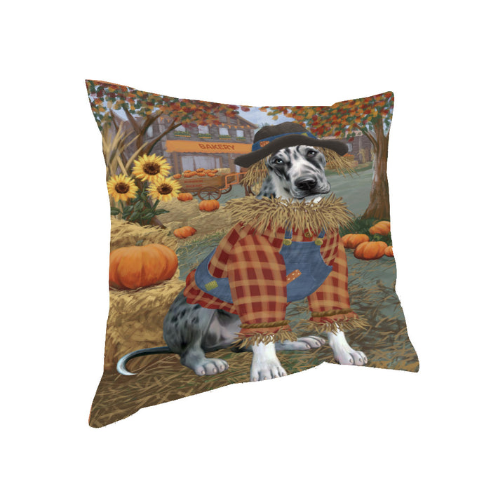 Halloween 'Round Town And Fall Pumpkin Scarecrow Both Great Dane Dogs Pillow PIL82644