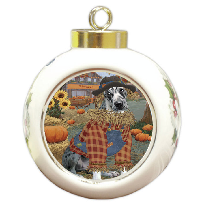 Halloween 'Round Town And Fall Pumpkin Scarecrow Both Great Dane Dogs Round Ball Christmas Ornament RBPOR57465