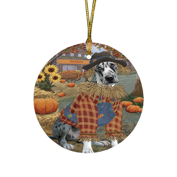 Halloween 'Round Town And Fall Pumpkin Scarecrow Both Great Dane Dogs Round Flat Christmas Ornament RFPOR57465