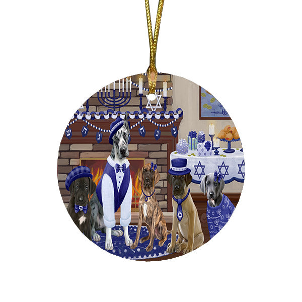 Happy Hanukkah Family and Happy Hanukkah Both Great Dane Dogs Round Flat Christmas Ornament RFPOR57526