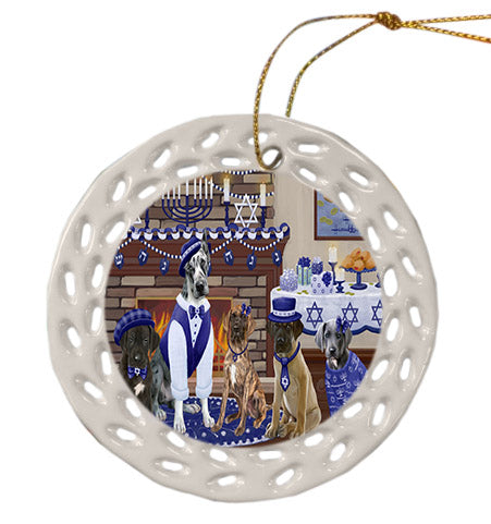 Happy Hanukkah Family Great Dane Dogs Ceramic Doily Ornament DPOR57622