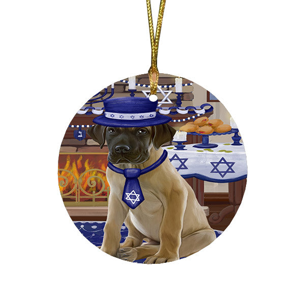Happy Hanukkah Family and Happy Hanukkah Both Great Dane Dog Round Flat Christmas Ornament RFPOR57582