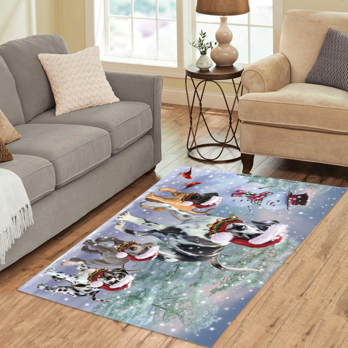 Christmas Running Fammily Great Dane Dogs Area Rug