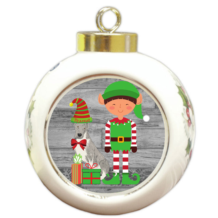 Custom Personalized Great Dane Dog Elfie and Presents Christmas Round Ball Ornament