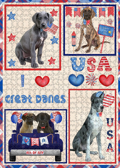 4th of July Independence Day I Love USA Great Dane Dogs Portrait Jigsaw Puzzle for Adults Animal Interlocking Puzzle Game Unique Gift for Dog Lover's with Metal Tin Box