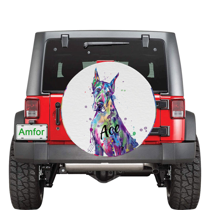 Custom Pet Name Personalized Watercolor Great Dane Dog Car Tire Cover