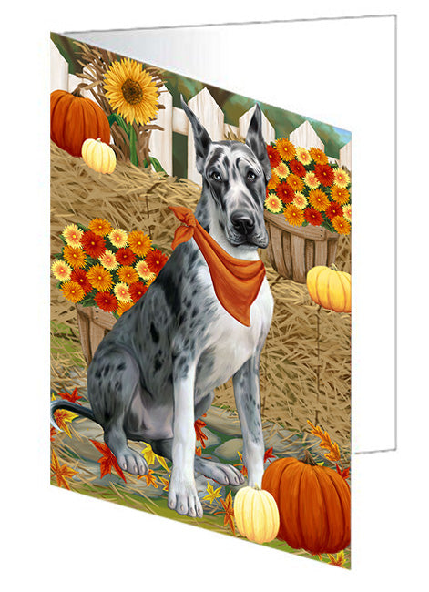 Fall Autumn Greeting Great Dane Dog with Pumpkins Handmade Artwork Assorted Pets Greeting Cards and Note Cards with Envelopes for All Occasions and Holiday Seasons GCD56300