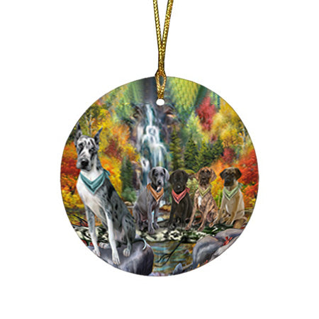 Scenic Waterfall Great Danes Dog Round Flat Christmas Ornament RFPOR50156