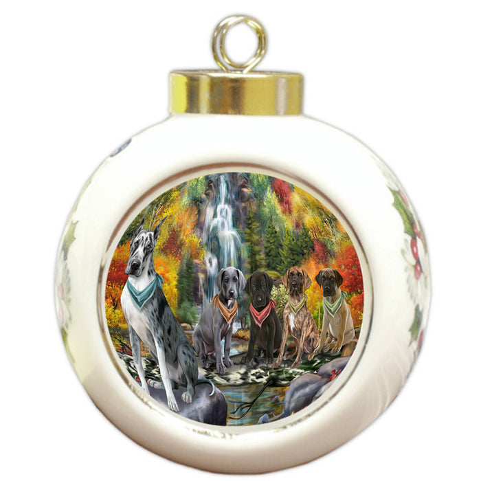 Scenic Waterfall Great Danes Dog Round Ball Christmas Ornament RBPOR50165