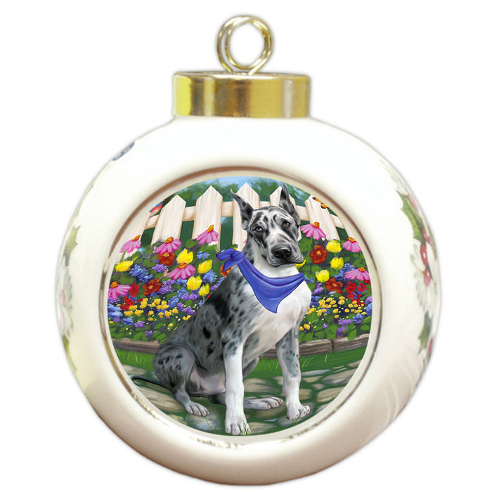 Spring Floral Great Dane Dog Round Ball Christmas Ornament RBPOR49884