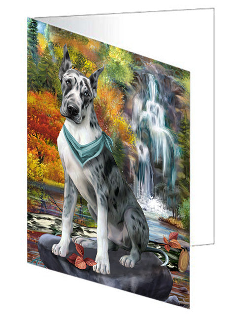 Scenic Waterfall Great Dane Dog Handmade Artwork Assorted Pets Greeting Cards and Note Cards with Envelopes for All Occasions and Holiday Seasons GCD54527