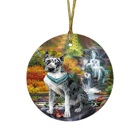 Scenic Waterfall Great Dane Dog Round Flat Christmas Ornament RFPOR50157